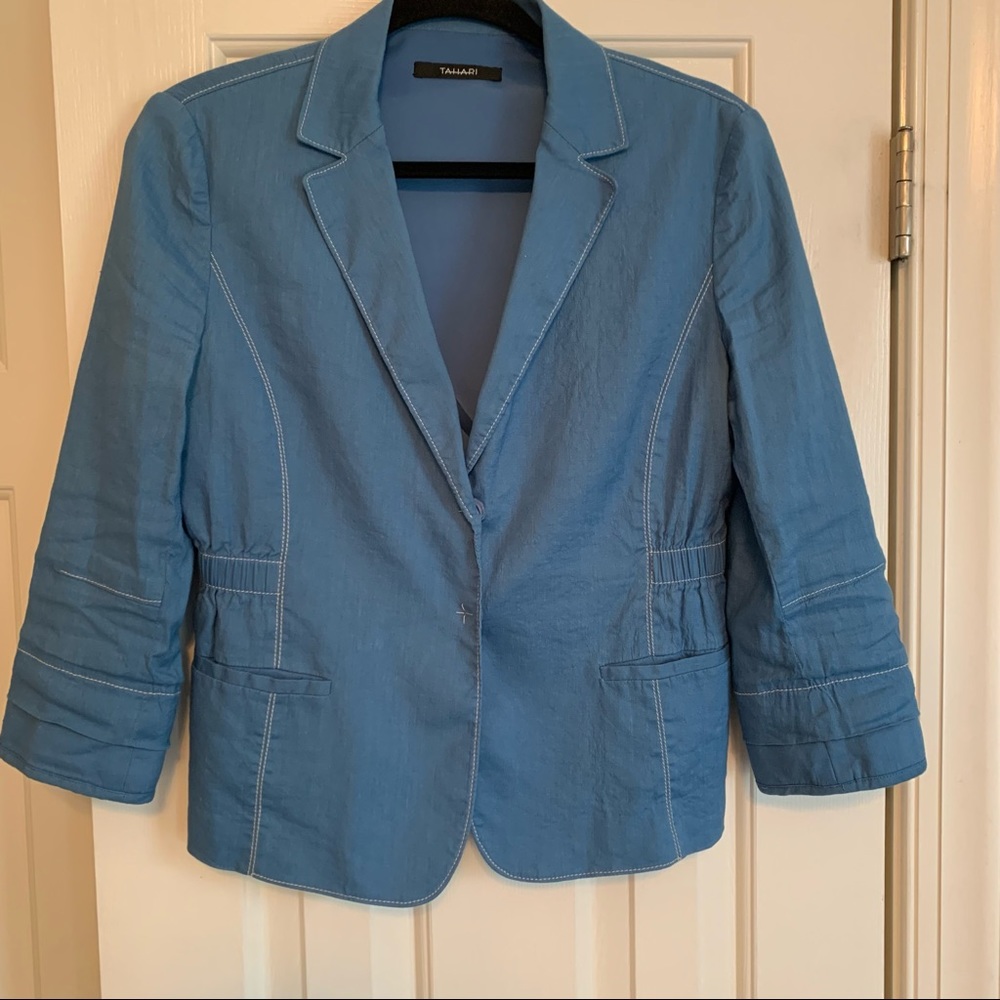 Tahari blue jacket with handstitched detail